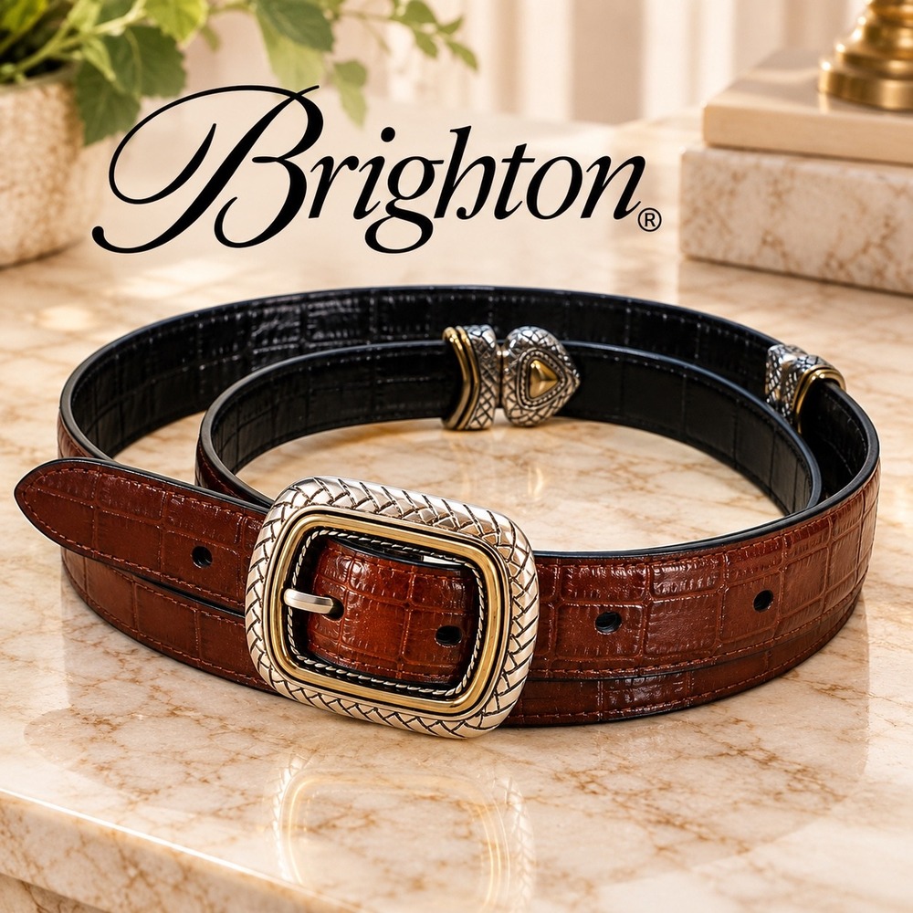 Brighton Marcus Reversible Belt Womens XL 36 Brown Black Croco Embossed Leather